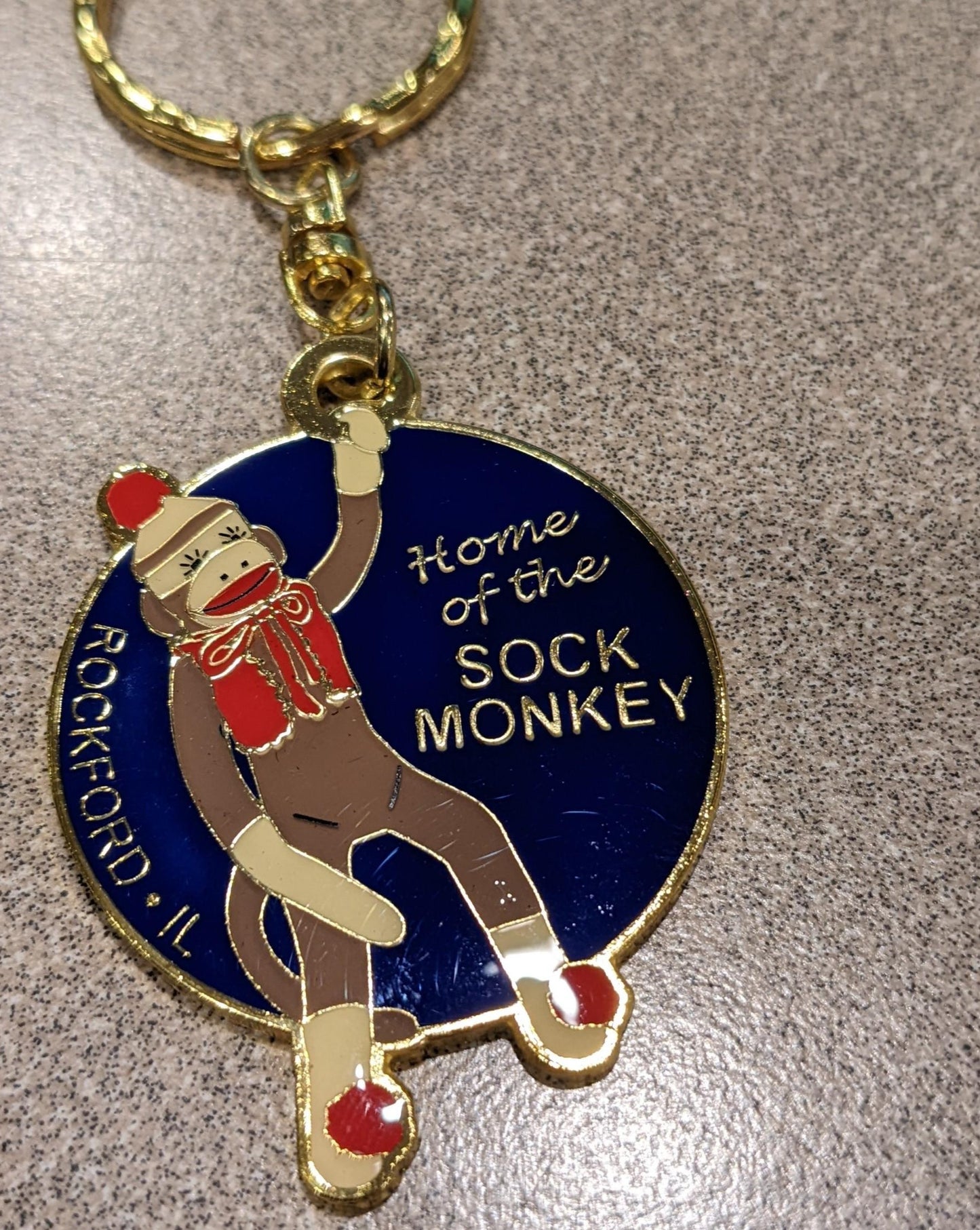 Sock Monkey Key Chain- Hangs Around Metal 2-sided Key Chain